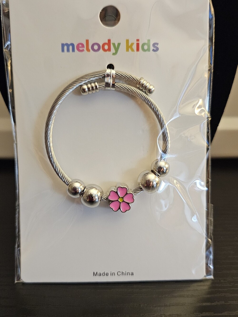 Silver Bangle Bracelet with Pink Flower Charm
